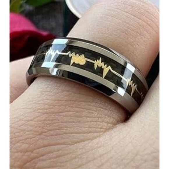 Gold Tungsten Steel Carbide & Carbon Inlay Heartbeat EKG Design statement Ring - Picture 2 of 4